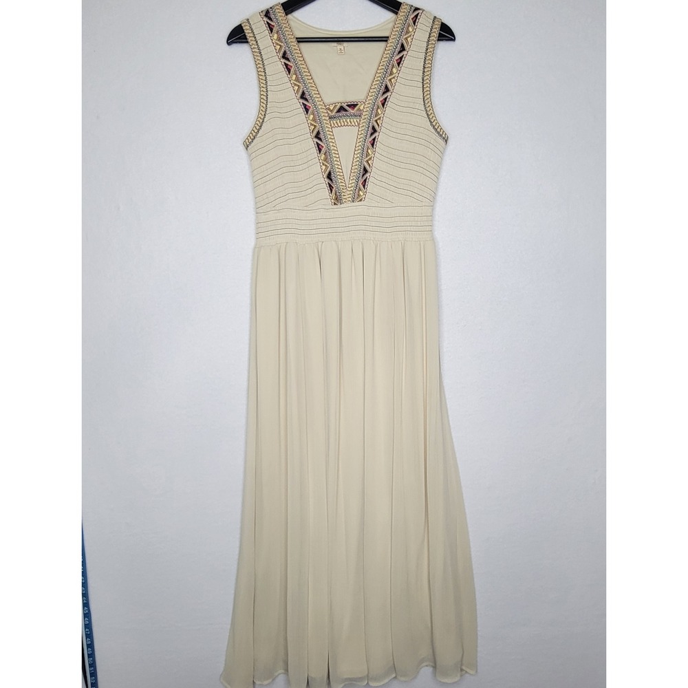 Reba Cream Beige Embroidered V-Neck Smocked Waist Sleeveless Maxi Dress Womens M